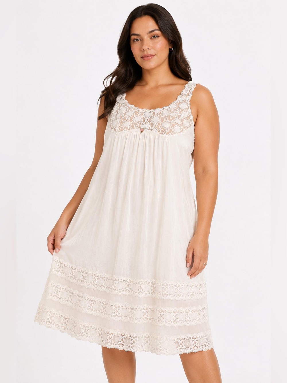 70s European Vintage Luxus Silky Tiered Lace Slip Dress (Ivory) Size L/XL